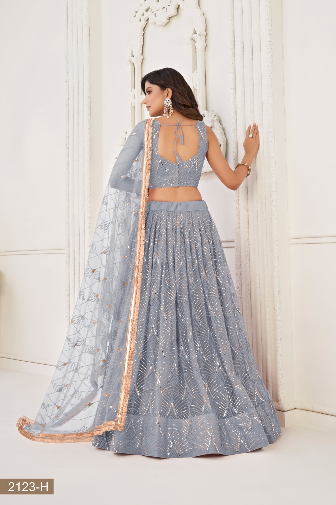 Grey Butterfly Net Lehenga with Tone-to-Tone Thread Work and Mirror Embroidery