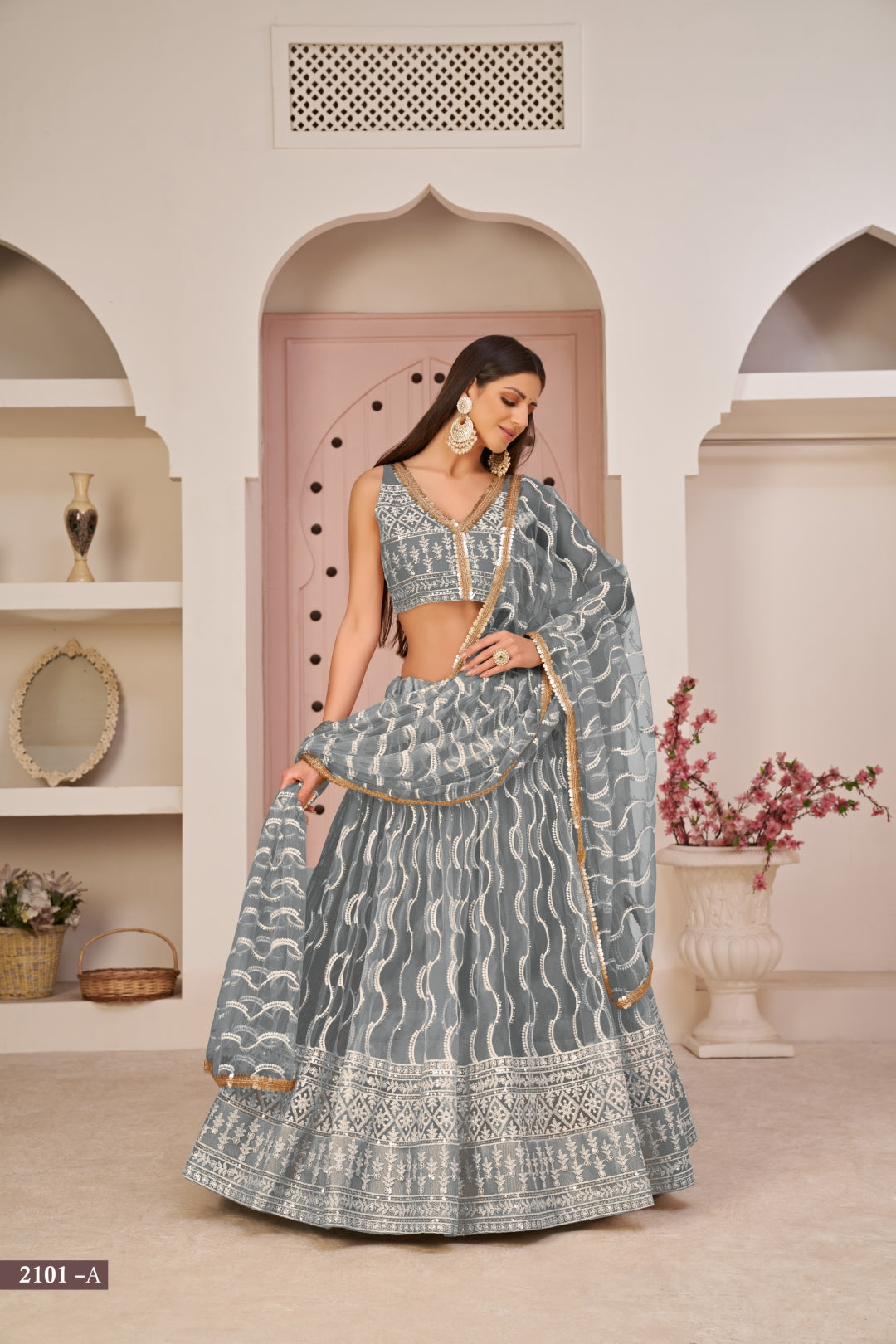 Grey Butterfly Net Lehenga with White Cotton Thread, Zari, and Sandwich Sequence Embroidery