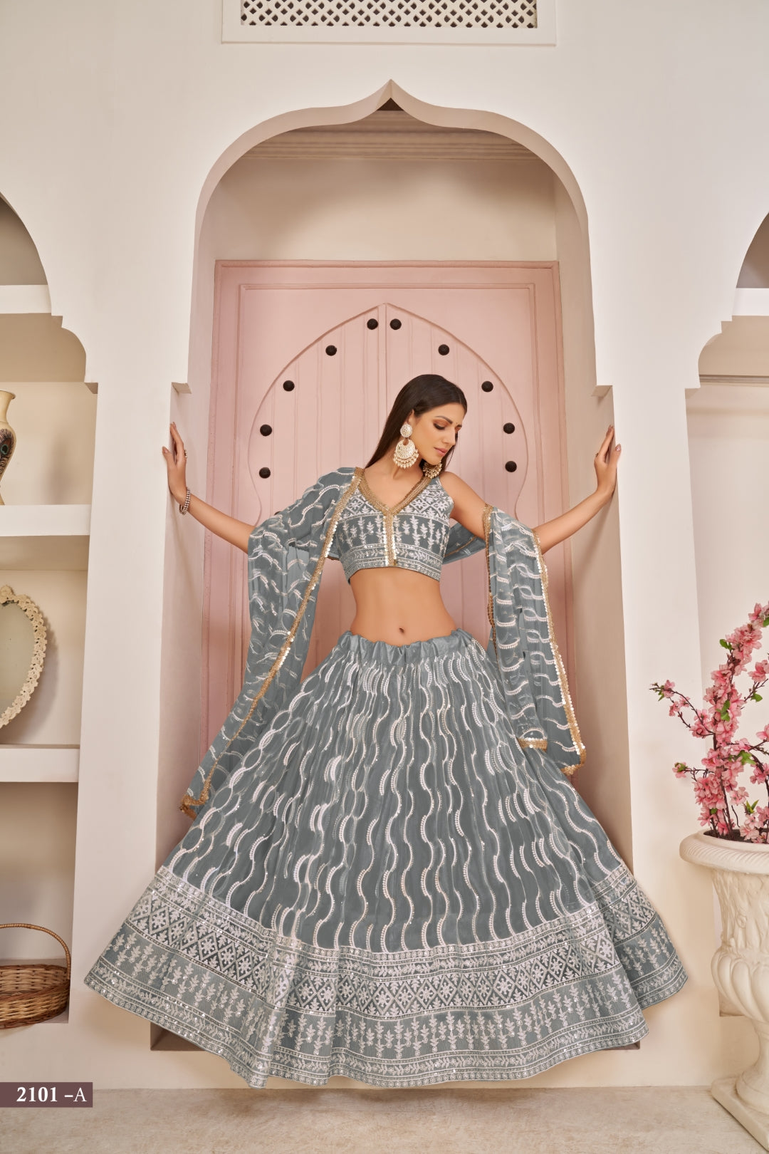 Grey Butterfly Net Lehenga with White Cotton Thread, Zari, and Sandwich Sequence Embroidery