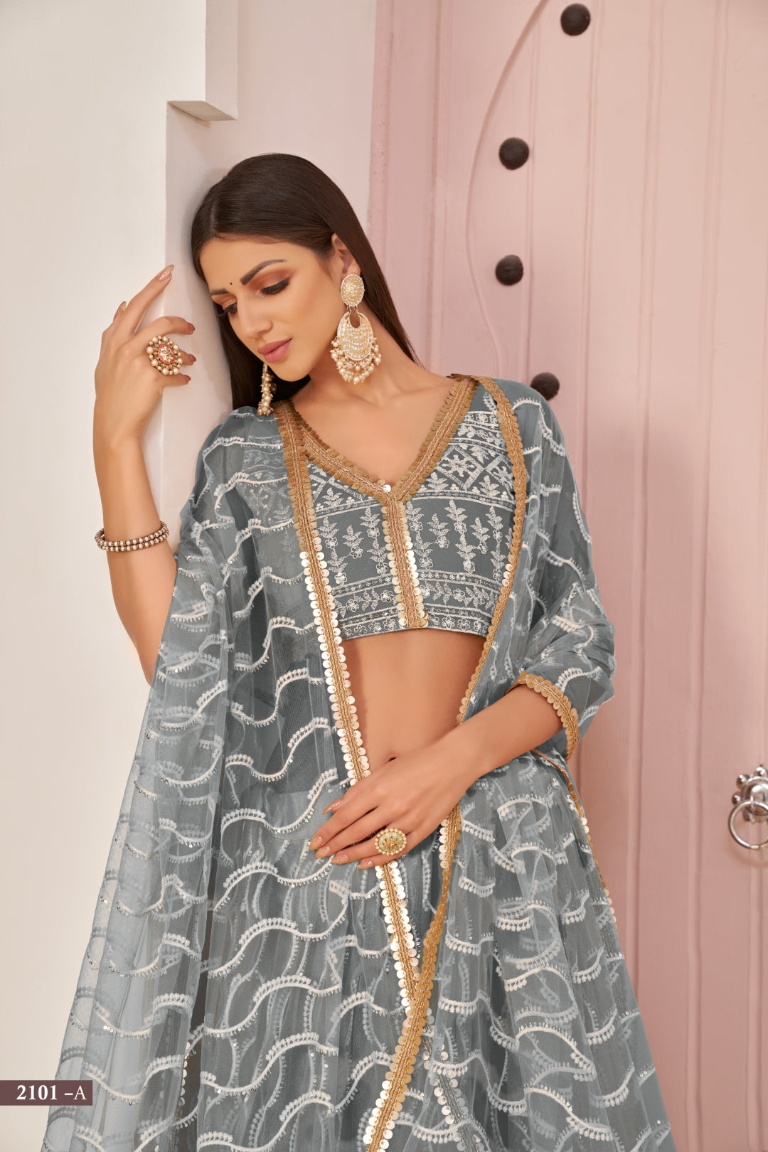 Grey Butterfly Net Lehenga with White Cotton Thread, Zari, and Sandwich Sequence Embroidery