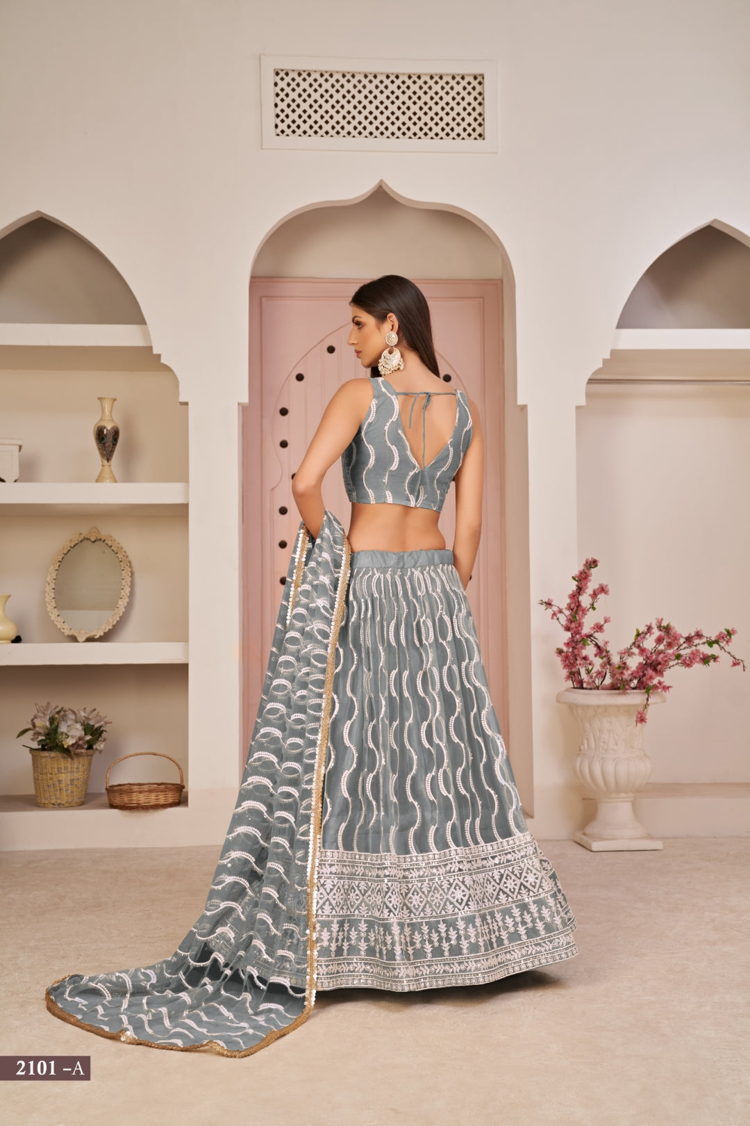 Grey Butterfly Net Lehenga with White Cotton Thread, Zari, and Sandwich Sequence Embroidery