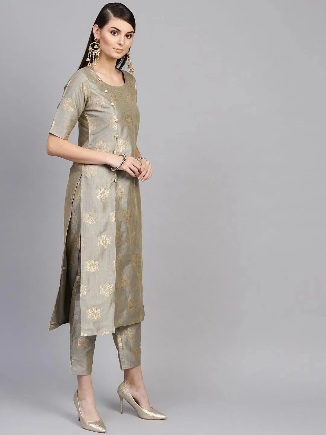 Anouk Grey Embroidered Chanderi Silk Straight Kurta With Trousers