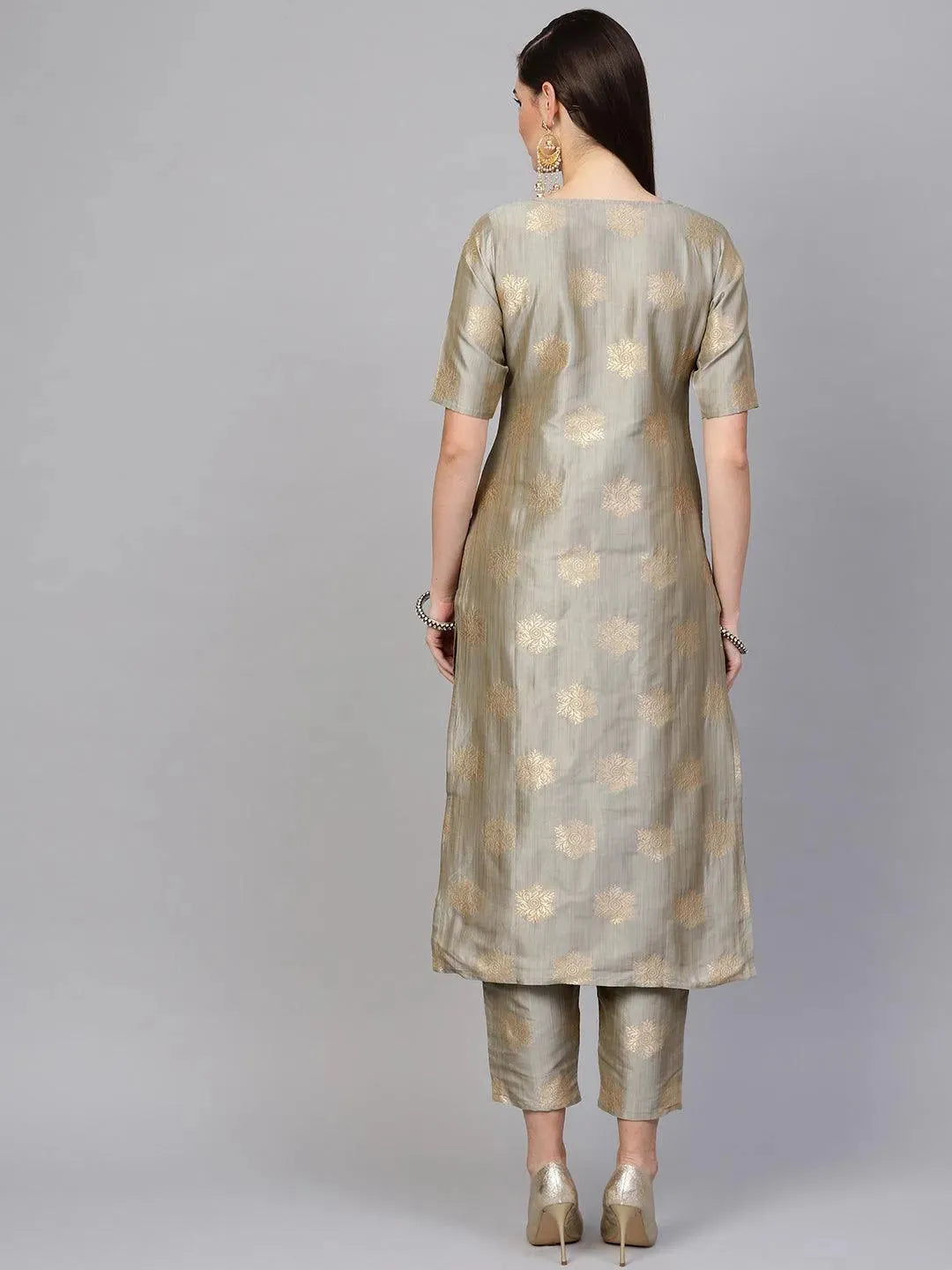 Anouk Grey Embroidered Chanderi Silk Straight Kurta With Trousers