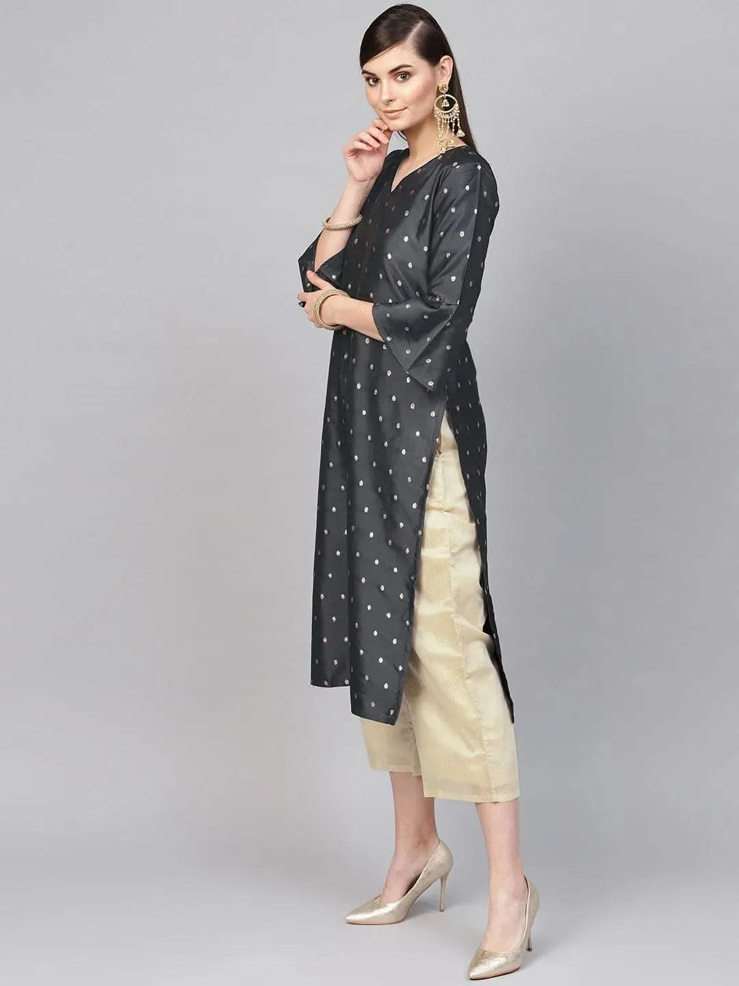 Anouk Grey Embroidered Polyester Straight Kurta With Palazzos & Dupatta