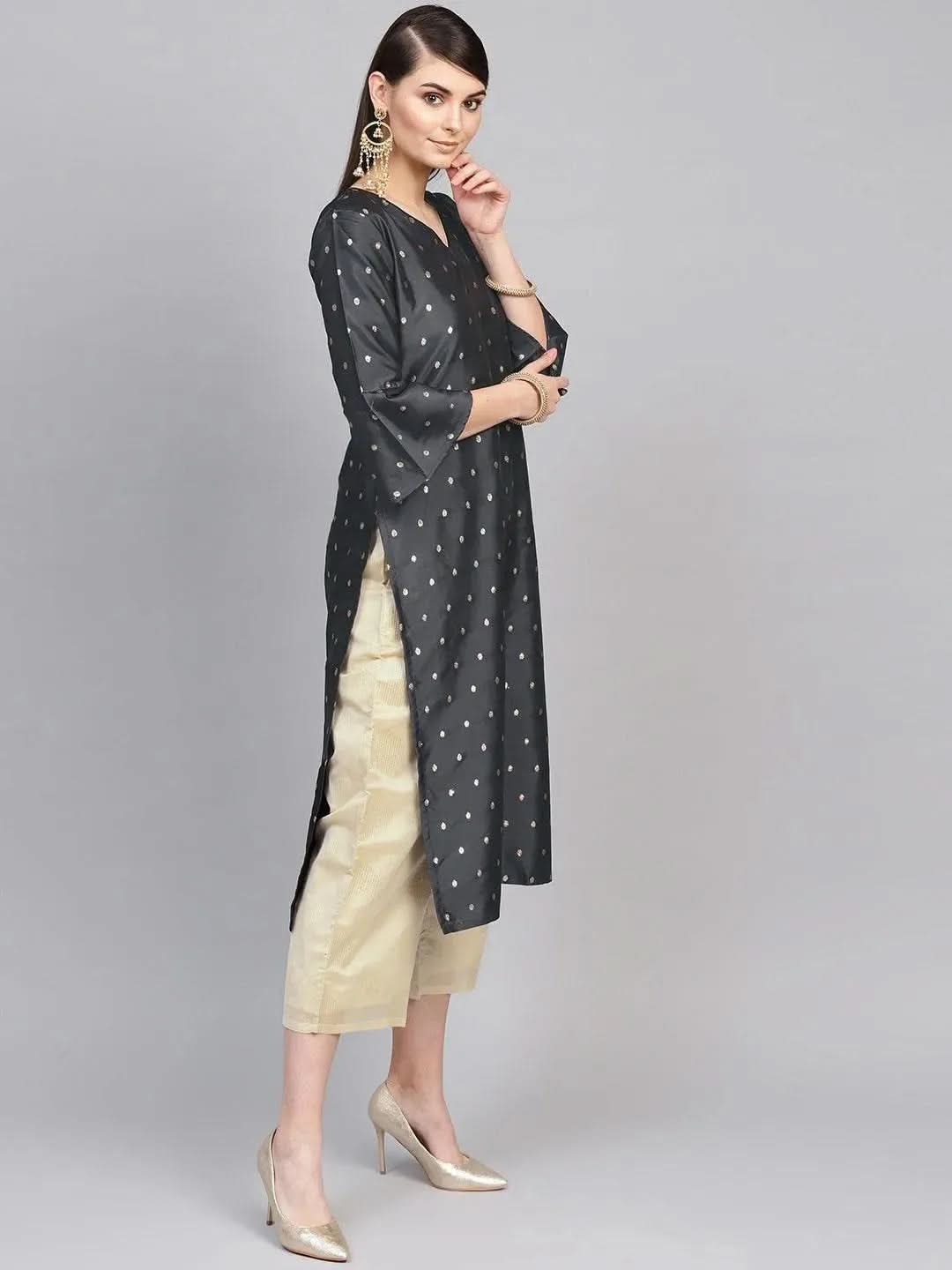 Anouk Grey Embroidered Polyester Straight Kurta With Palazzos & Dupatta