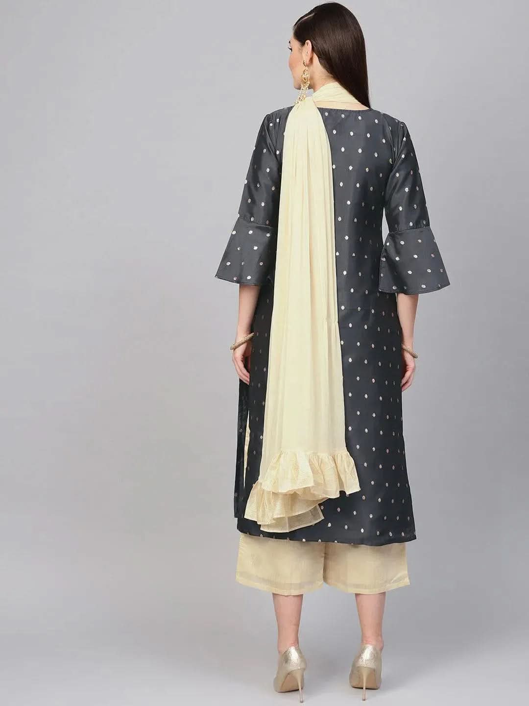 Anouk Grey Embroidered Polyester Straight Kurta With Palazzos & Dupatta
