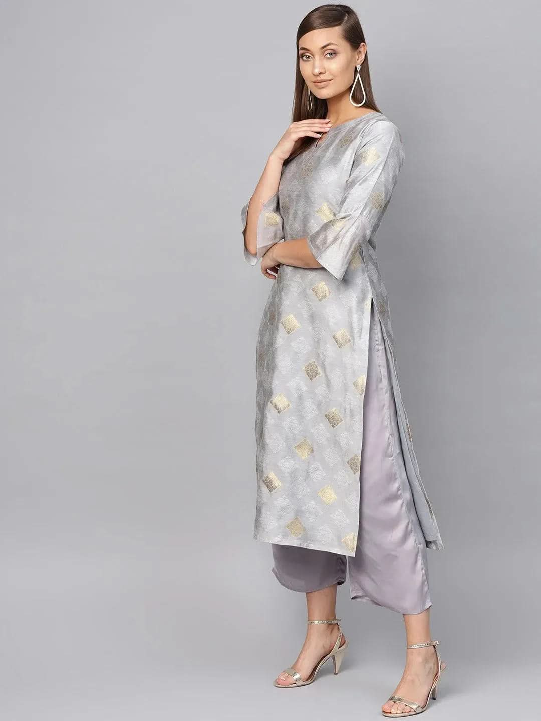 Anouk Grey Embroidered Polyester Straight Kurta With Palazzos
