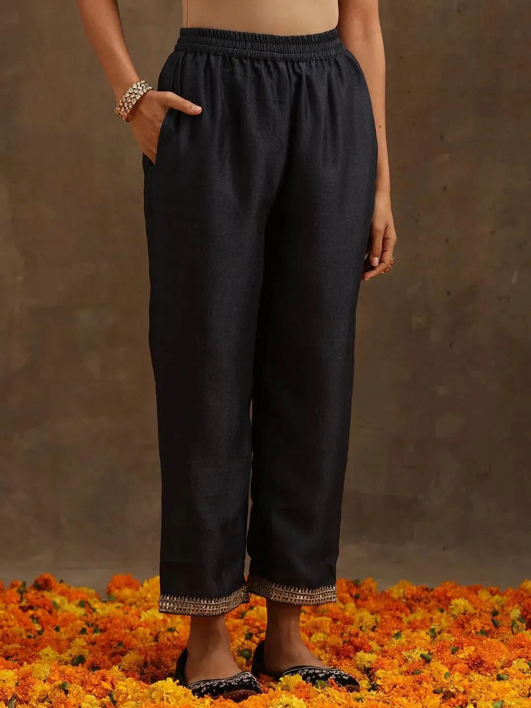Anouk Grey Embroidered Silk Blend Straight Kurta With Trousers & Dupatta