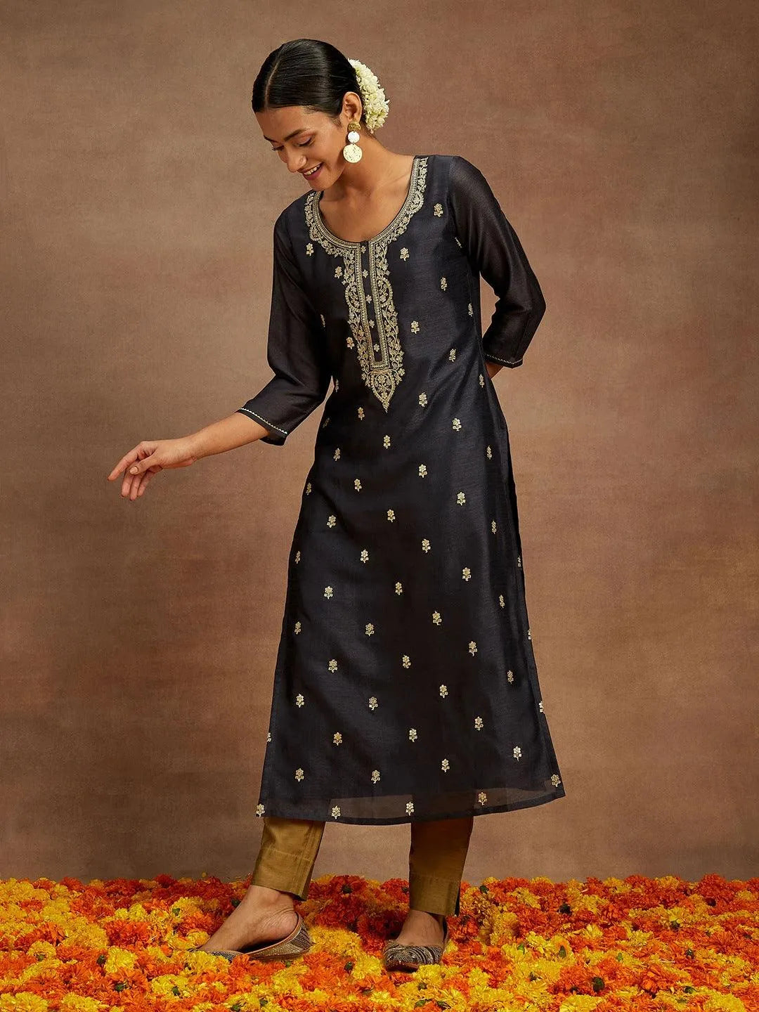 Anouk Grey Embroidered Silk Straight Kurta