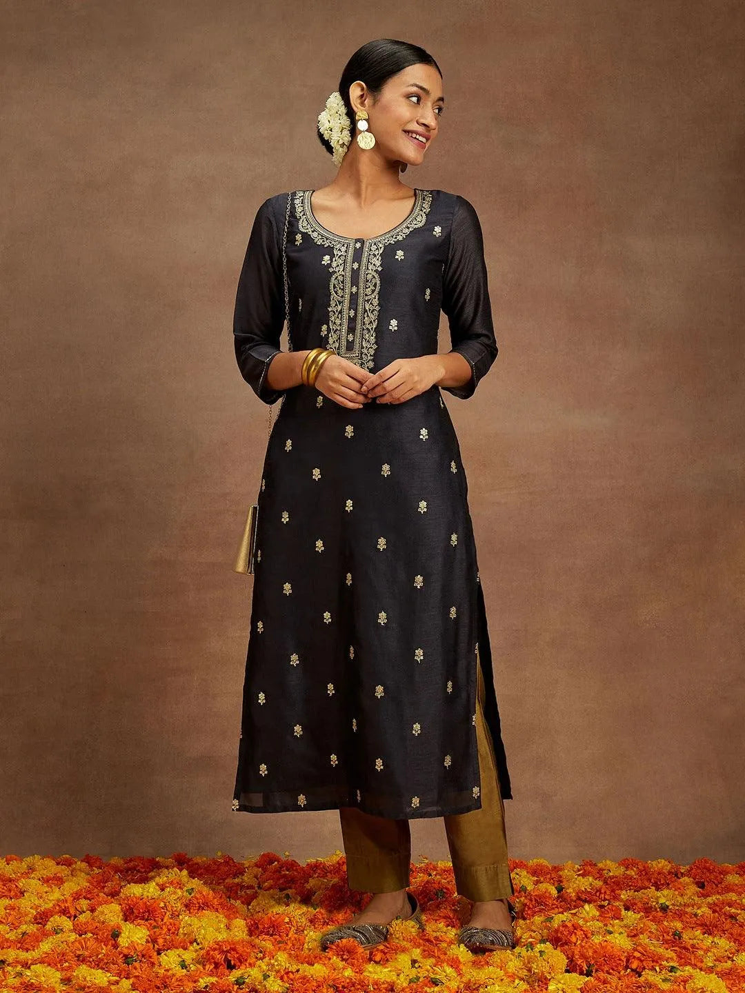 Anouk Grey Embroidered Silk Straight Kurta