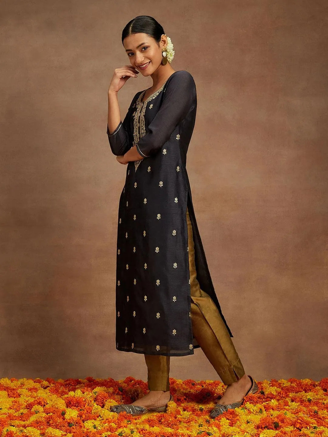 Anouk Grey Embroidered Silk Straight Kurta