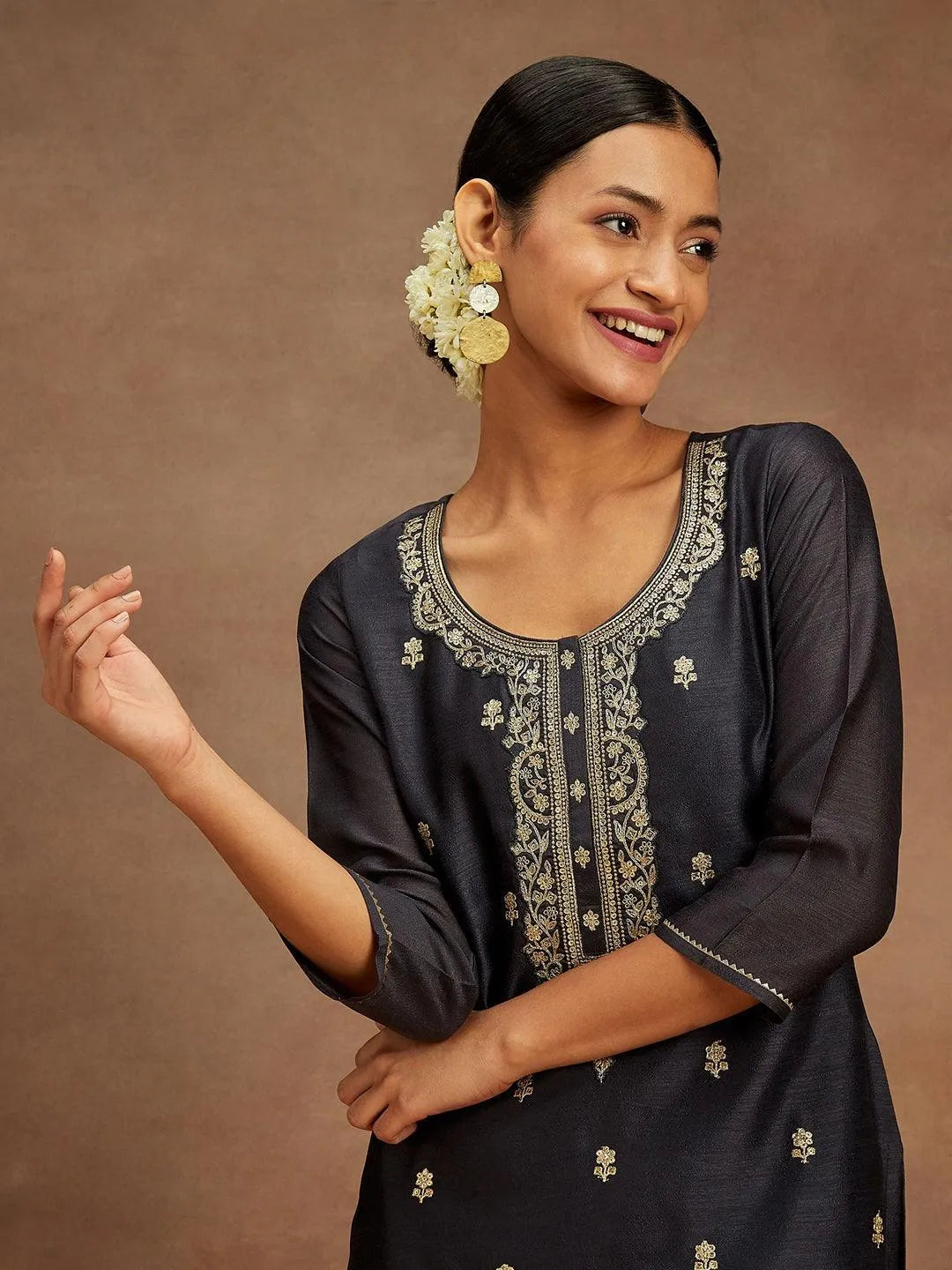 Anouk Grey Embroidered Silk Straight Kurta