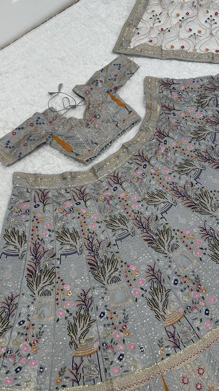 Grey Kasturi Silk Embroidered Lehenga Set with Tassel Blouse & Net Dupatta