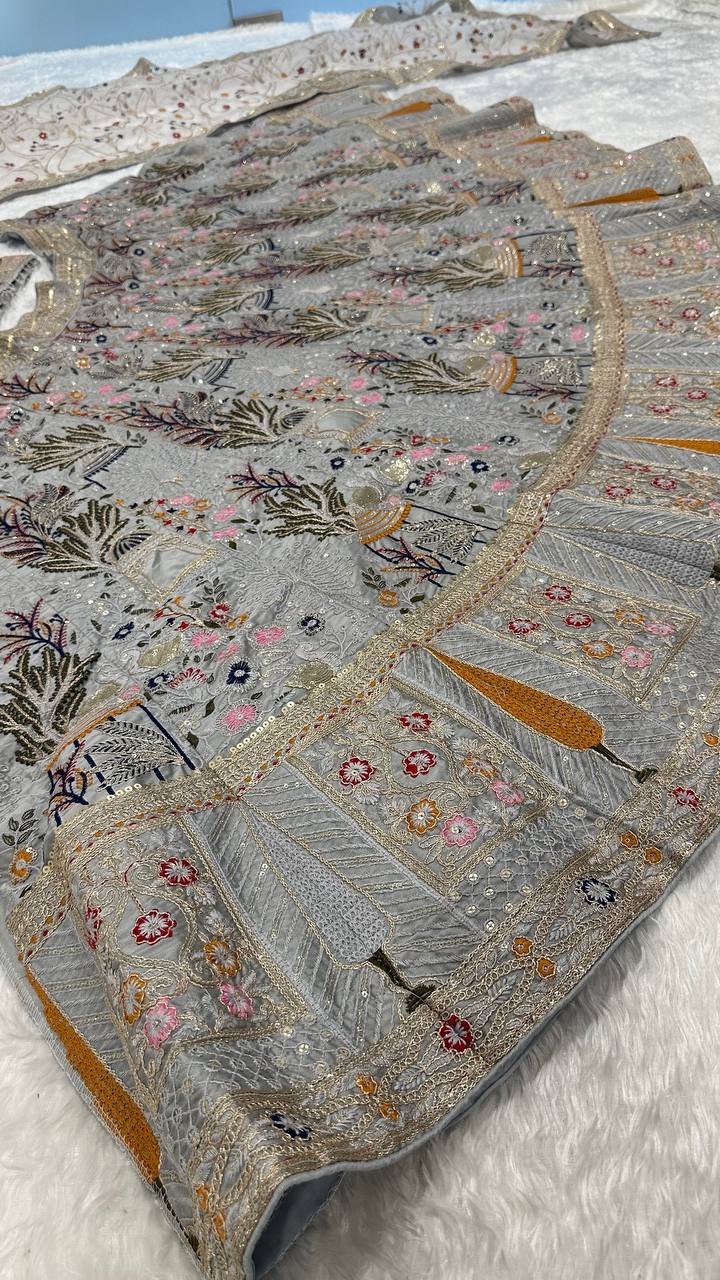 Grey Kasturi Silk Embroidered Lehenga Set with Tassel Blouse & Net Dupatta