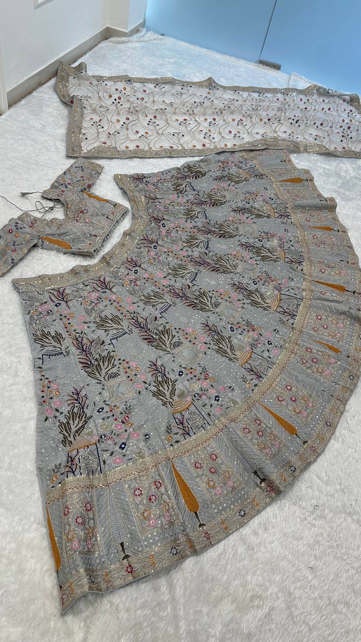 Grey Kasturi Silk Embroidered Lehenga Set with Tassel Blouse & Net Dupatta