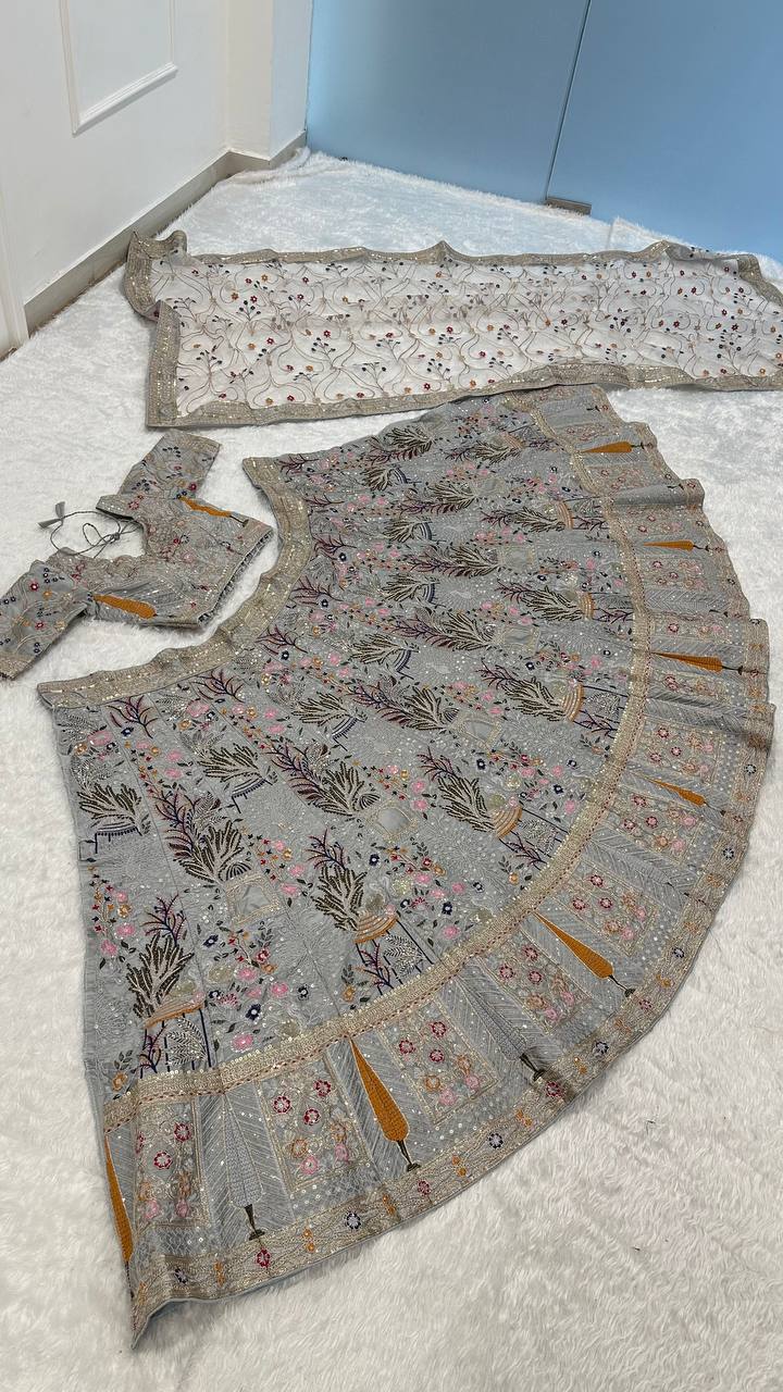 Grey Kasturi Silk Embroidered Lehenga Set with Tassel Blouse & Net Dupatta