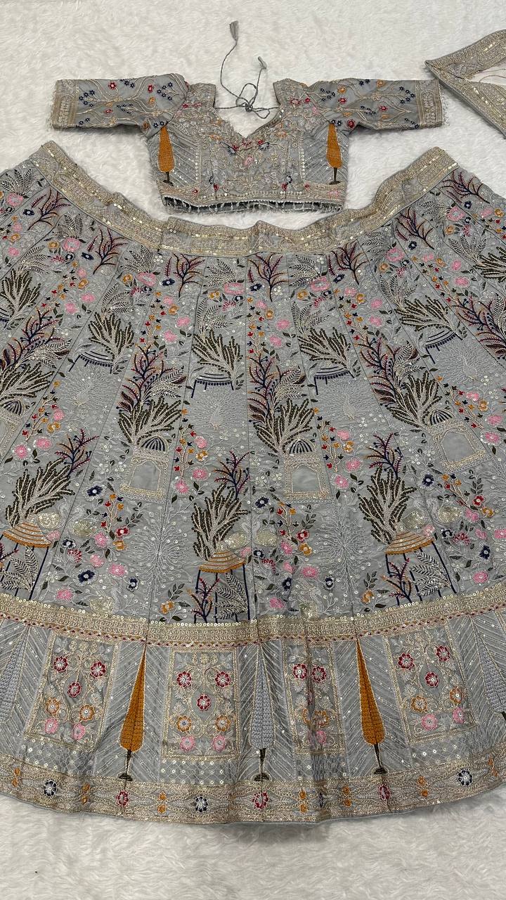 Grey Kasturi Silk Embroidered Lehenga Set with Tassel Blouse & Net Dupatta