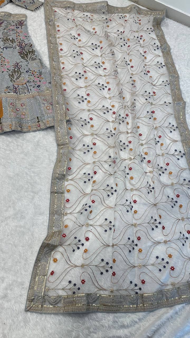 Grey Kasturi Silk Embroidered Lehenga Set with Tassel Blouse & Net Dupatta