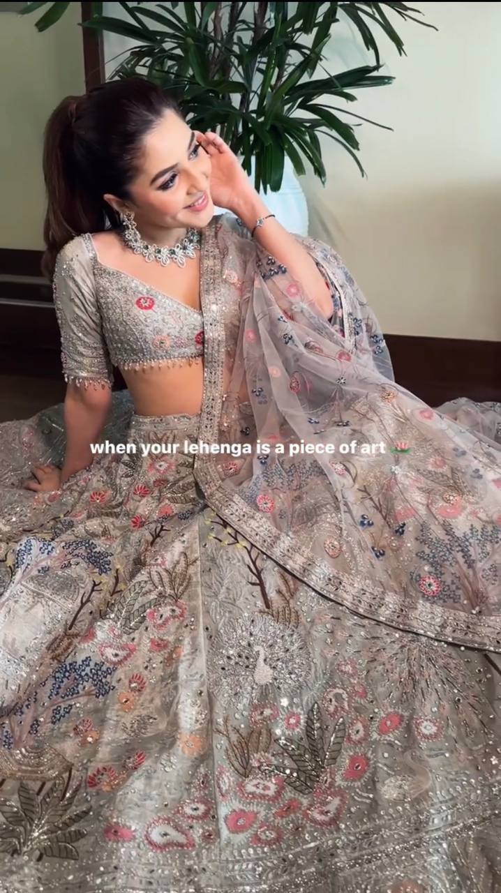 Grey Kasturi Silk Embroidered Lehenga Set with Tassel Blouse & Net Dupatta