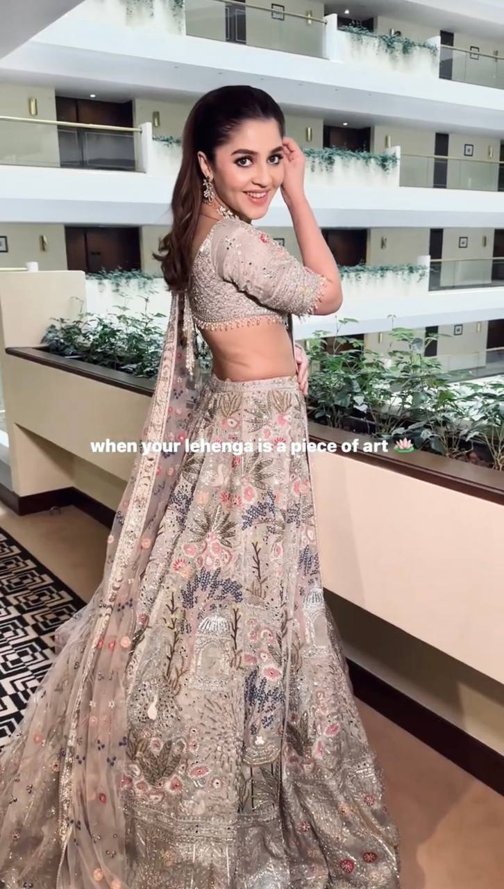Grey Kasturi Silk Embroidered Lehenga Set with Tassel Blouse & Net Dupatta