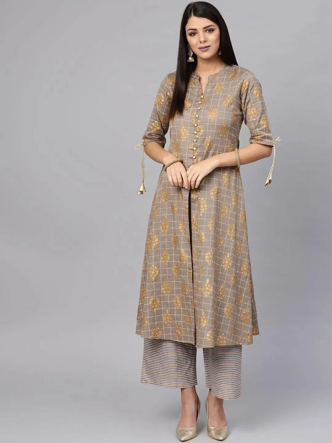Anouk Grey Printed Cotton A-Line Kurta With Palazzos