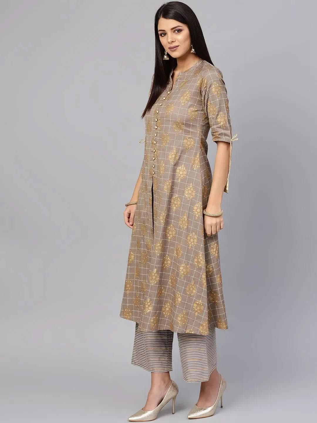 Anouk Grey Printed Cotton A-Line Kurta With Palazzos
