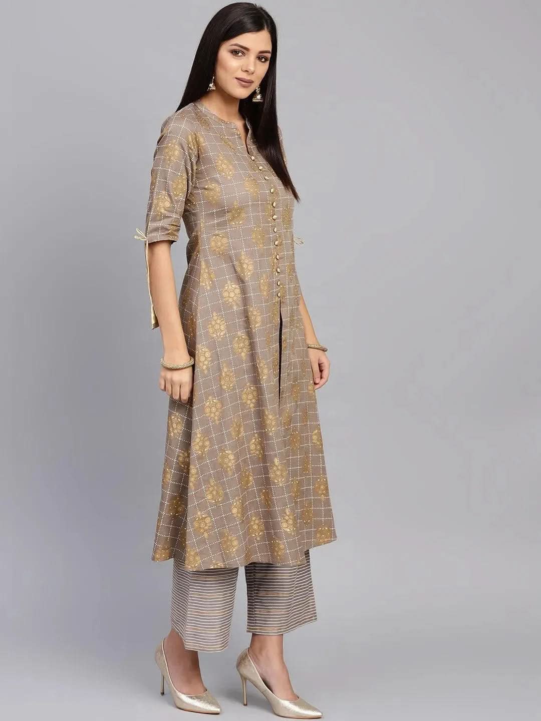 Anouk Grey Printed Cotton A-Line Kurta With Palazzos