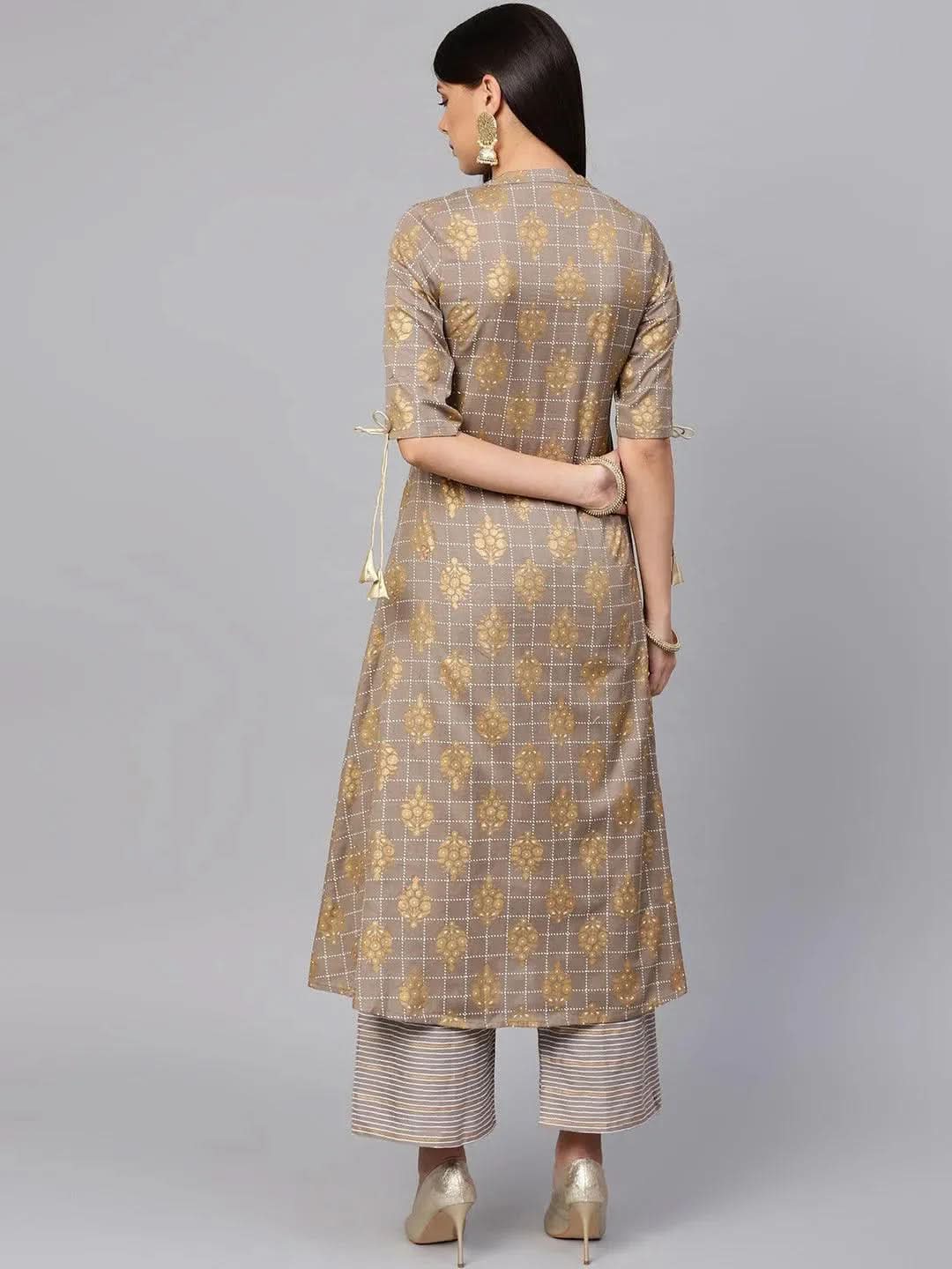 Anouk Grey Printed Cotton A-Line Kurta With Palazzos