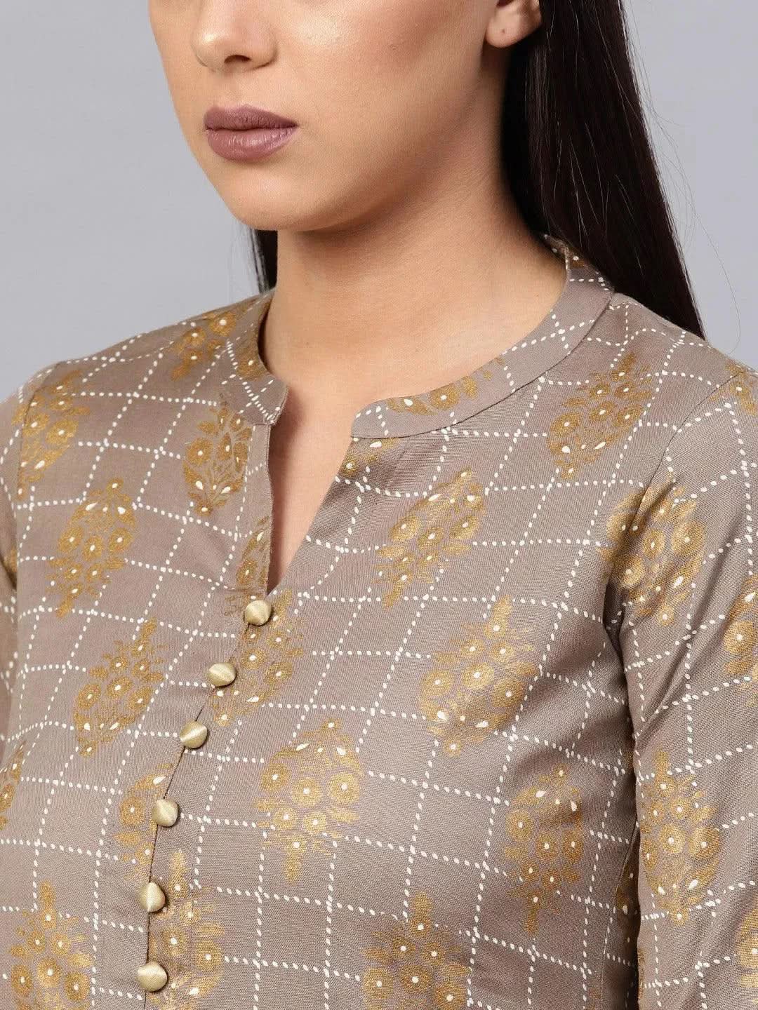 Anouk Grey Printed Cotton A-Line Kurta With Palazzos