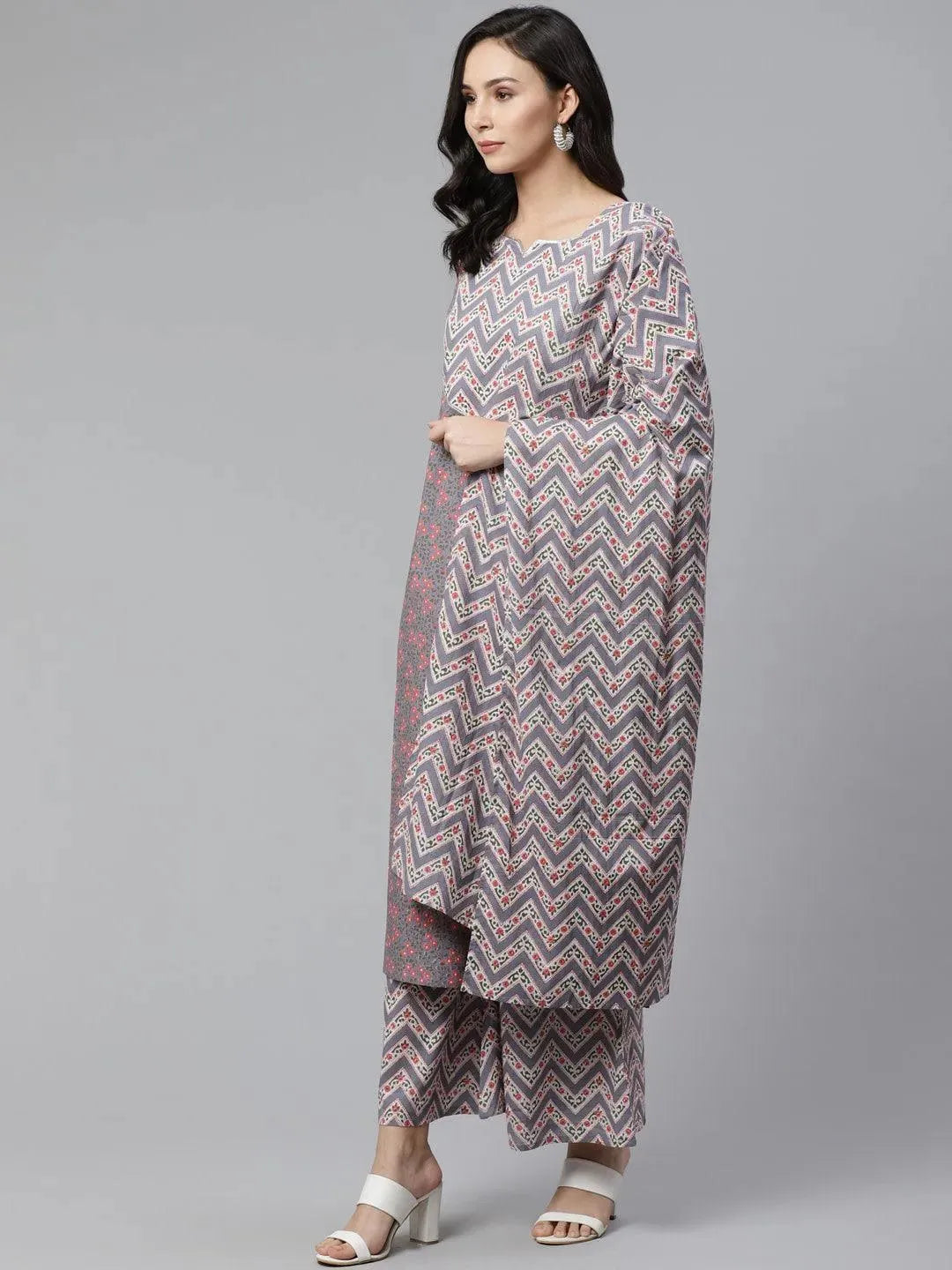 Anouk Grey Printed Cotton Straight Kurta With Palazzos & Stole