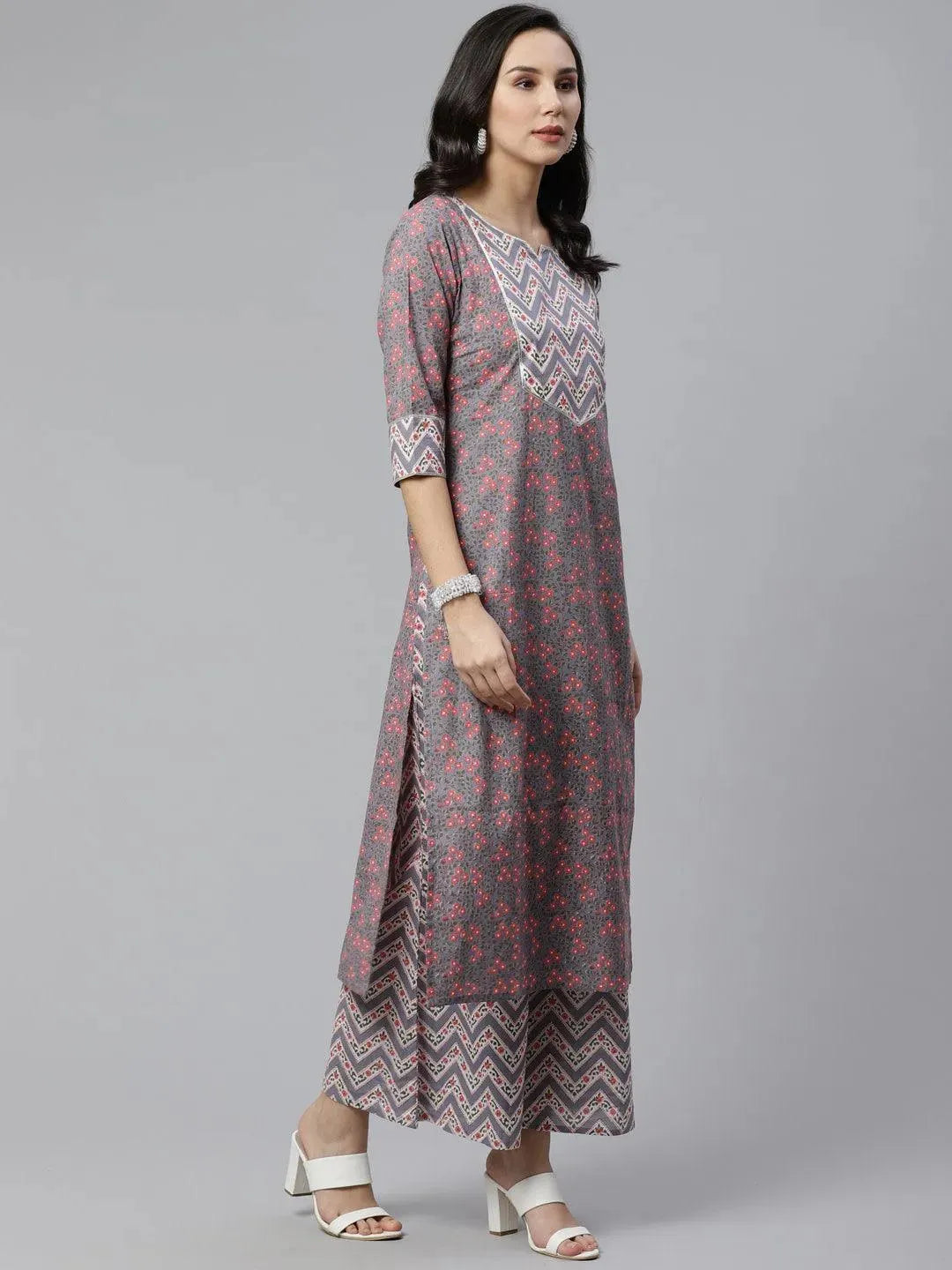 Anouk Grey Printed Cotton Straight Kurta With Palazzos & Stole