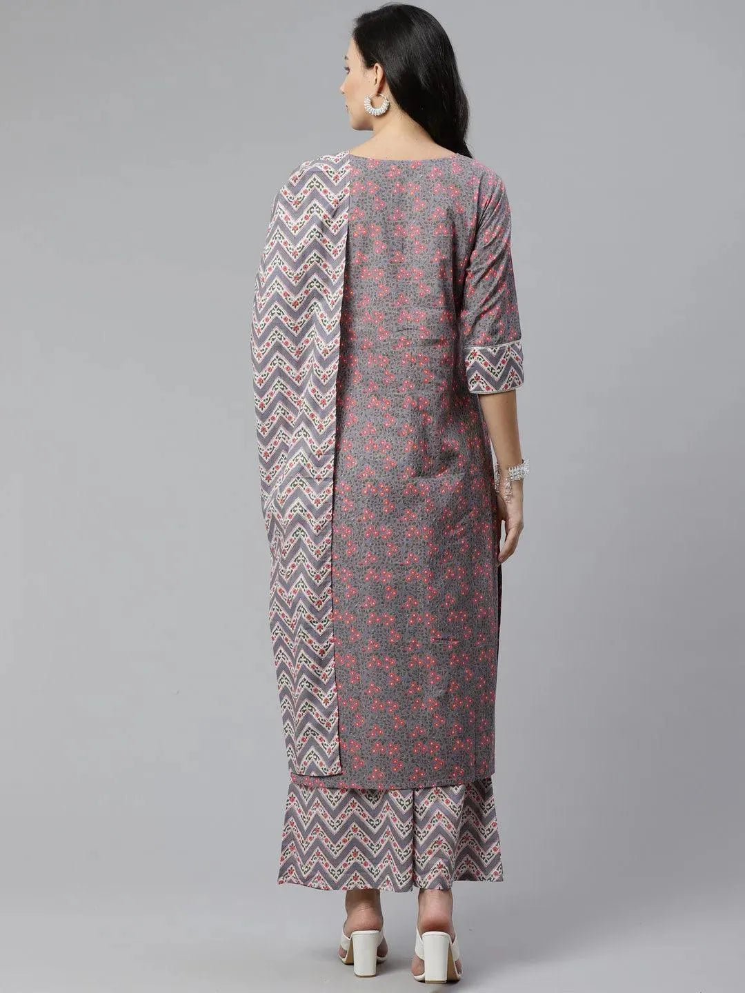 Anouk Grey Printed Cotton Straight Kurta With Palazzos & Stole