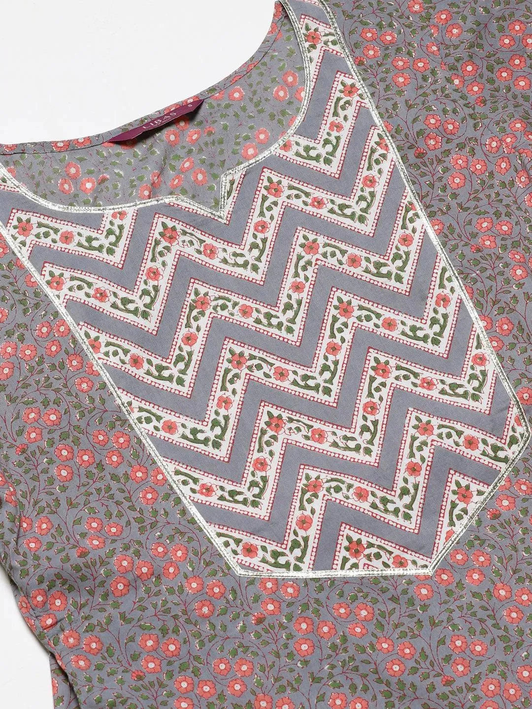 Anouk Grey Printed Cotton Straight Kurta With Palazzos & Stole