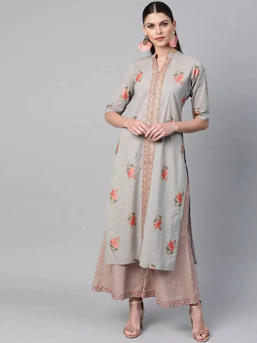 Anouk Grey Printed Cotton Straight Kurta With Palazzos