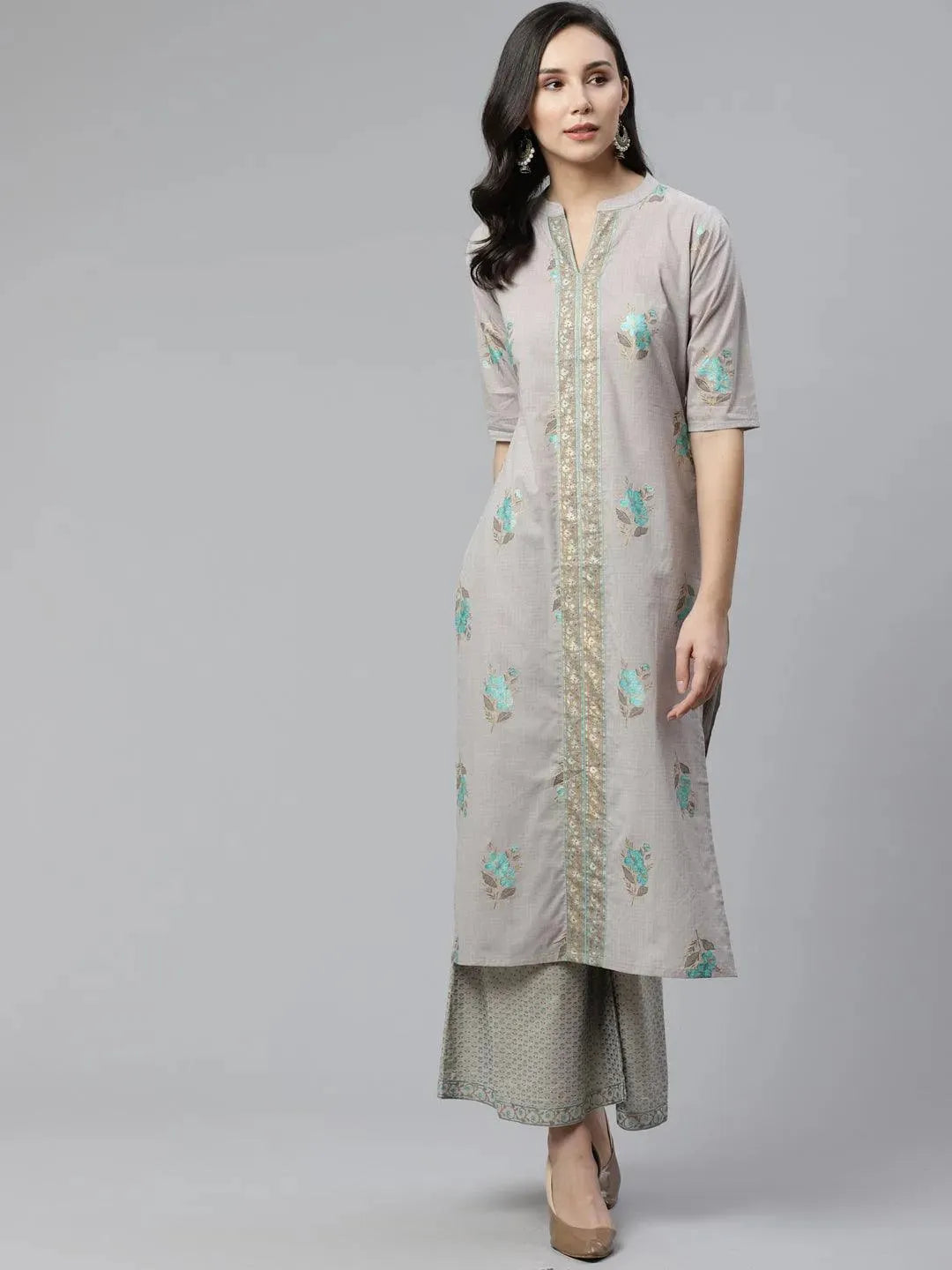 Anouk Grey Printed Cotton Straight Kurta With Palazzos