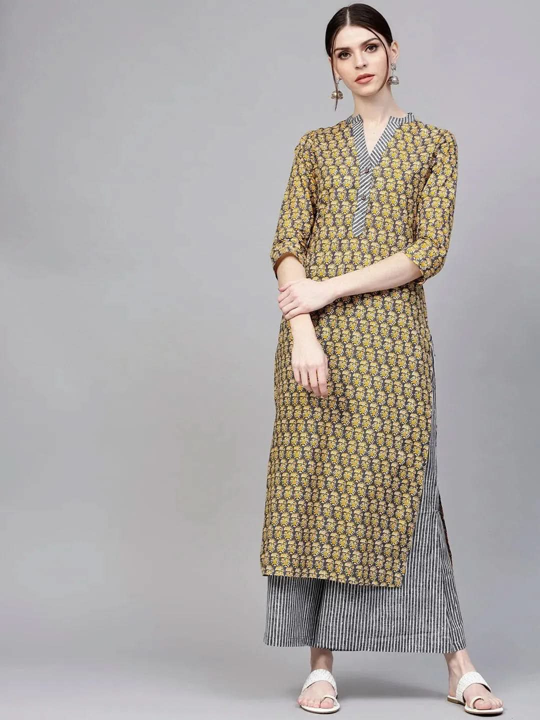 Anouk Grey Printed Cotton Straight Kurta With Palazzos