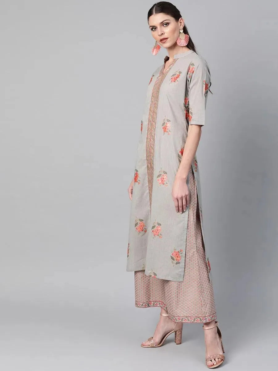 Anouk Grey Printed Cotton Straight Kurta With Palazzos