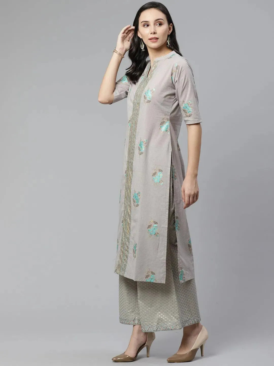 Anouk Grey Printed Cotton Straight Kurta With Palazzos