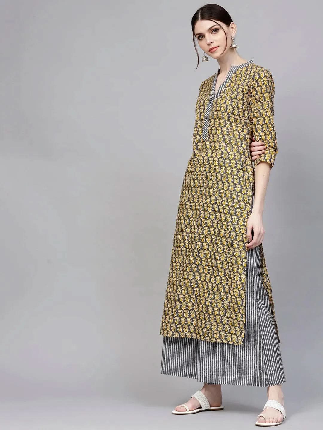 Anouk Grey Printed Cotton Straight Kurta With Palazzos