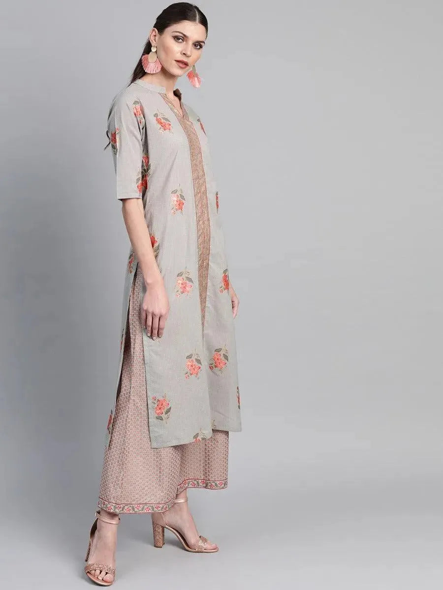 Anouk Grey Printed Cotton Straight Kurta With Palazzos