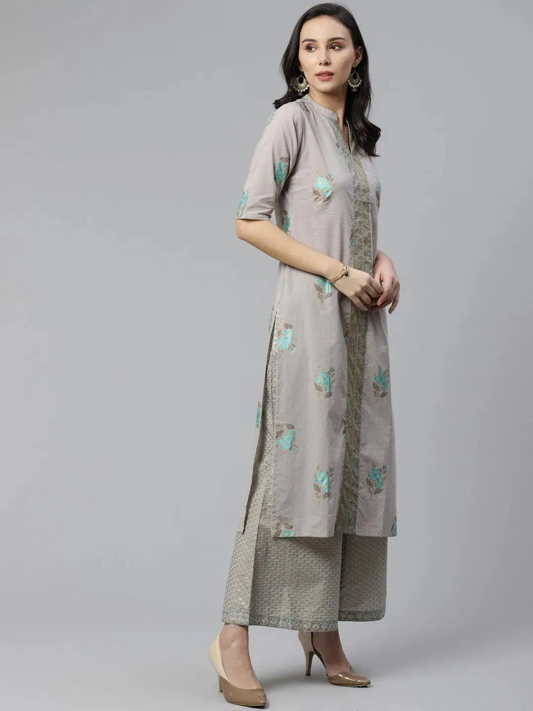 Anouk Grey Printed Cotton Straight Kurta With Palazzos