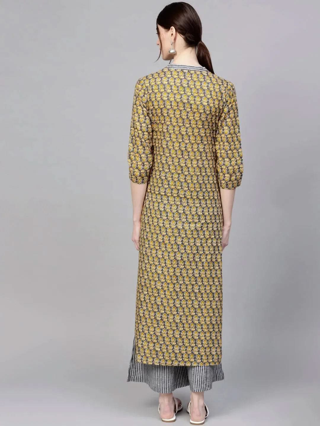 Anouk Grey Printed Cotton Straight Kurta With Palazzos
