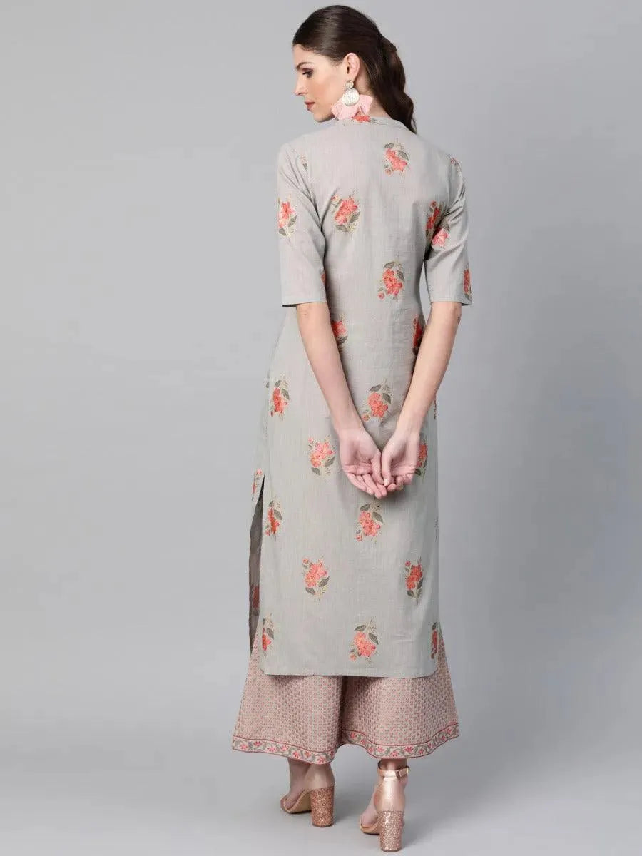 Anouk Grey Printed Cotton Straight Kurta With Palazzos