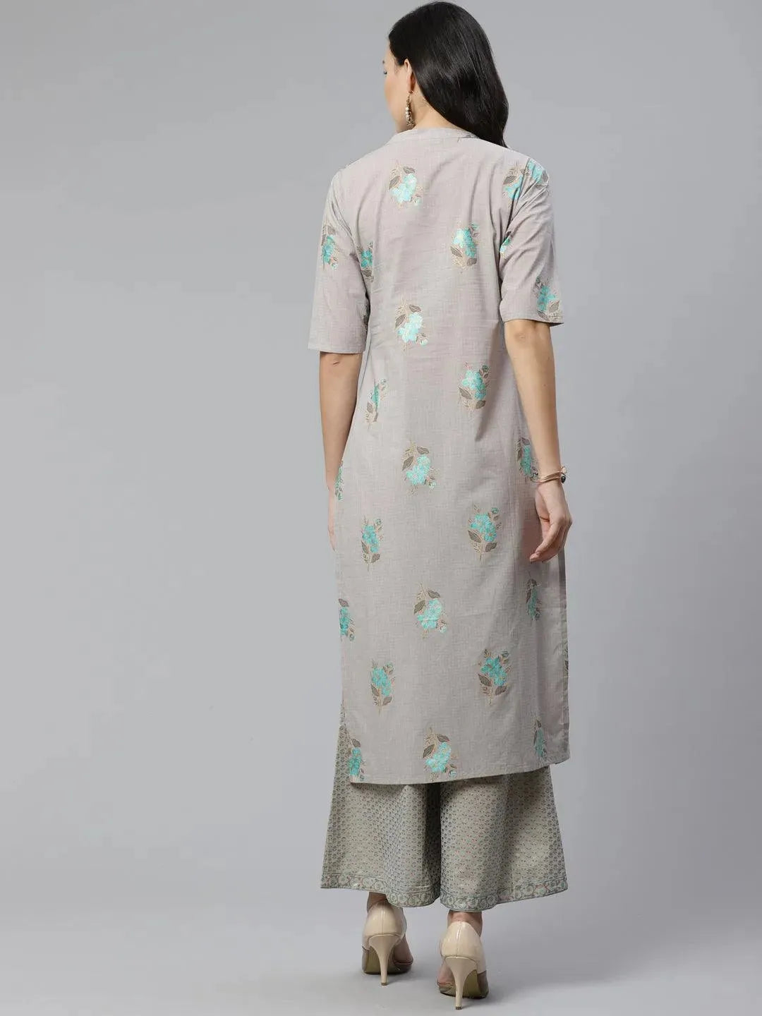 Anouk Grey Printed Cotton Straight Kurta With Palazzos