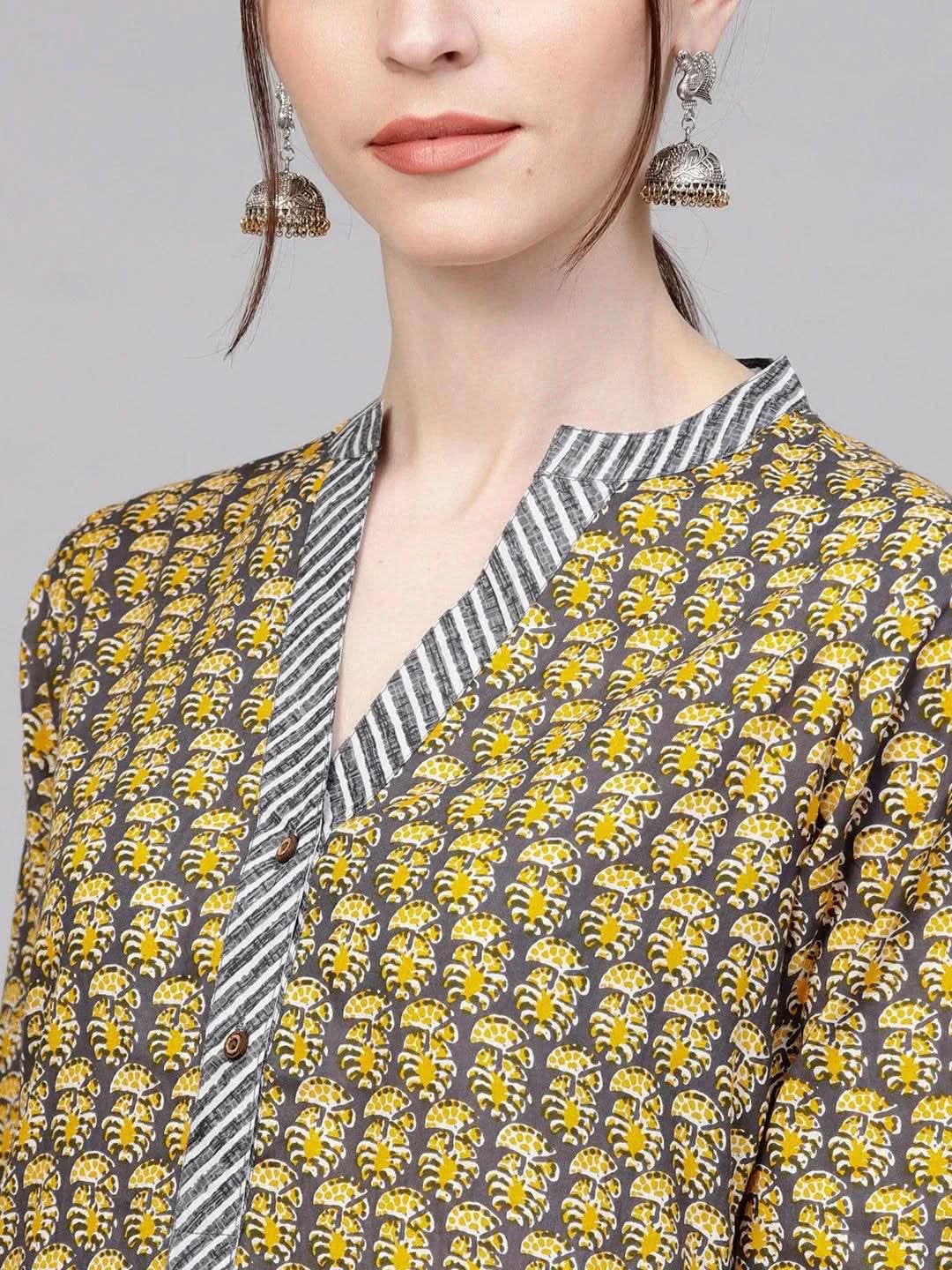 Anouk Grey Printed Cotton Straight Kurta With Palazzos