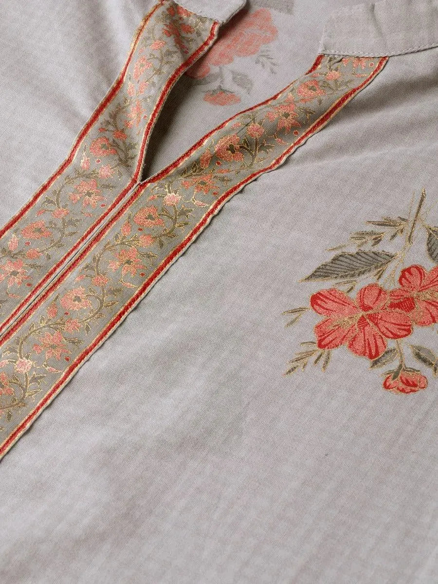 Anouk Grey Printed Cotton Straight Kurta With Palazzos