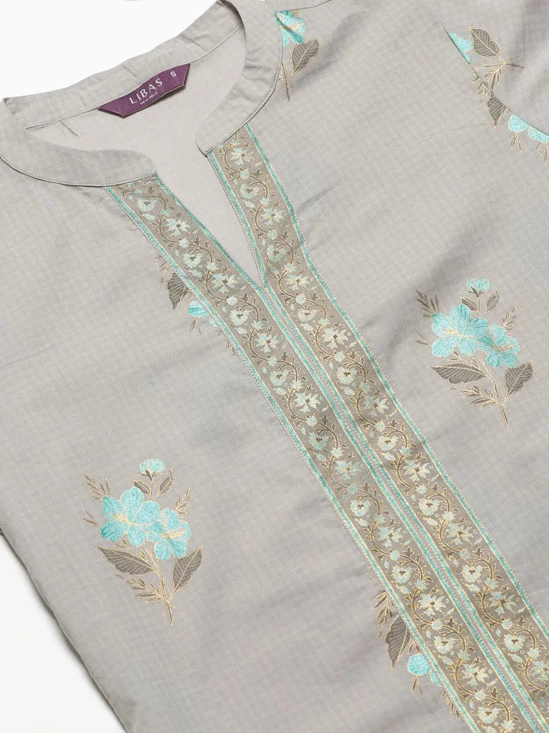 Anouk Grey Printed Cotton Straight Kurta With Palazzos