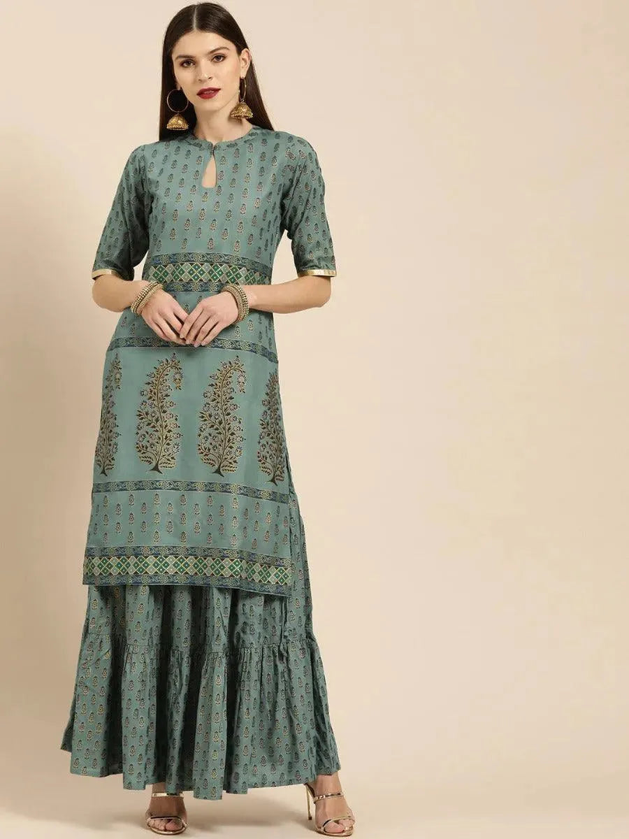Anouk Grey Printed Cotton Straight Kurta With Skirt