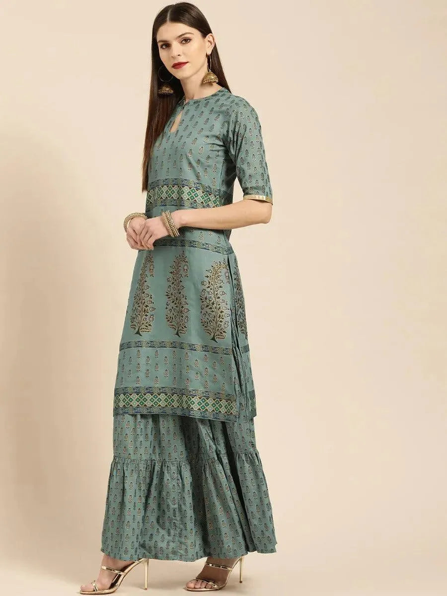 Anouk Grey Printed Cotton Straight Kurta With Skirt