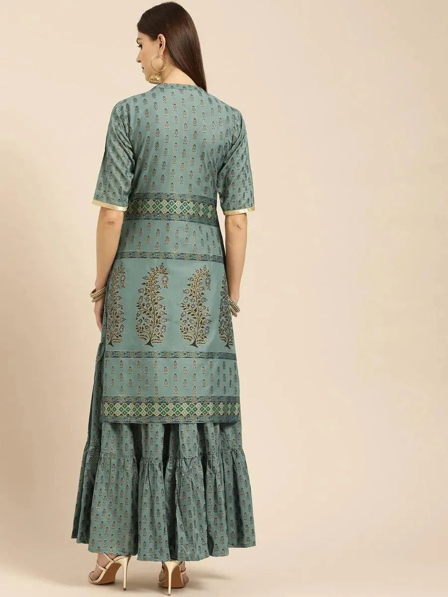 Anouk Grey Printed Cotton Straight Kurta With Skirt